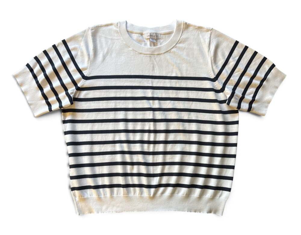 Liz Claiborne Short Sleeve Crew Sweater White Blue Striped Cotton Blend Knit XXL